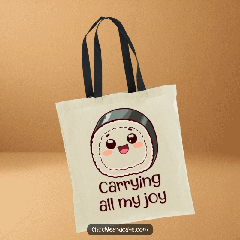 Funny tote bag depicting a cheerful sushi slice with googly eyes, happily skipping along, adding humor to your carry-all.