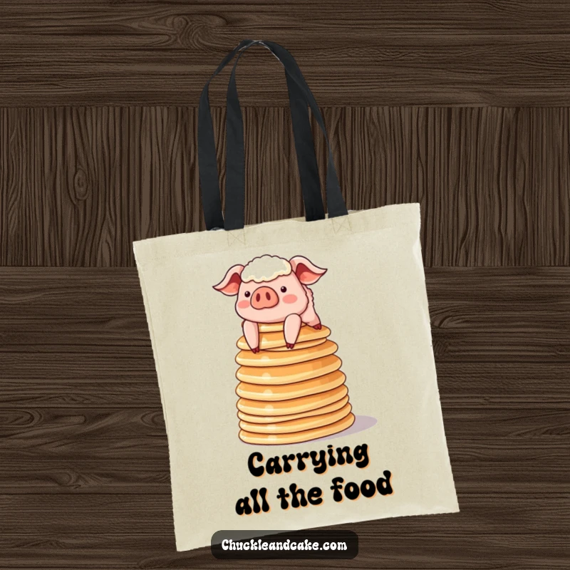 Funny sheepish pig balancing a tower of pancakes on a tote bag, great for humorous and adorable grocery carrying.