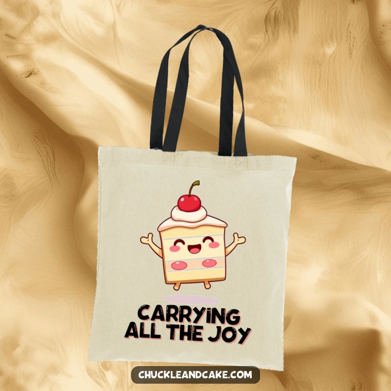 Funny slice of cake with a cherry on top beaming and jumping, a tote bag design featuring a celebratory dessert character.