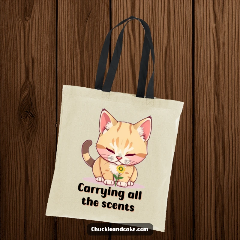 Funny Bobtail cat with its tail held high, sniffing a vibrant flower; a charming and humorous scene on a spacious tote bag.