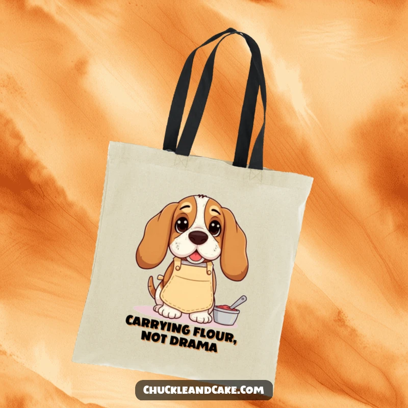 Funny Basset Hound tote bag, showing a droopy-eared dog in a tiny apron, enthusiastically baking, a delightful and humorous accessory.
