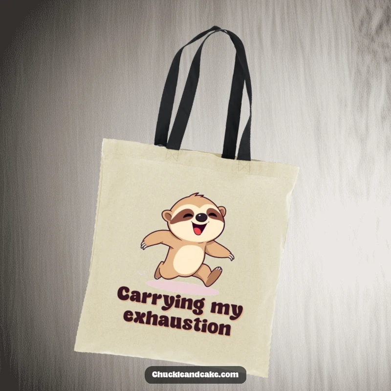 Funny sloth tote bag, durable canvas showing a happy sloth falling during a race, humorous everyday accessory, cute animal design, great funny gift.