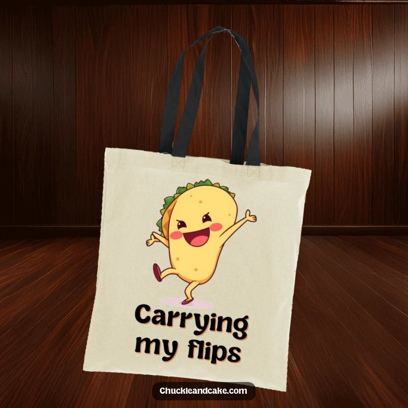Funny tote bag depicting a happy, grinning taco performing a cartwheel, bringing a burst of energy and humor to your day.