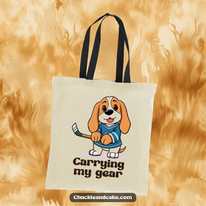 Funny Basset Hound in a hockey jersey, holding a tiny stick, ready for the rink on a durable tote bag.