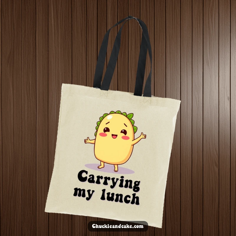 Funny tote bag featuring a chuckling taco dancing with a lime, perfect for carrying essentials with festive humor.