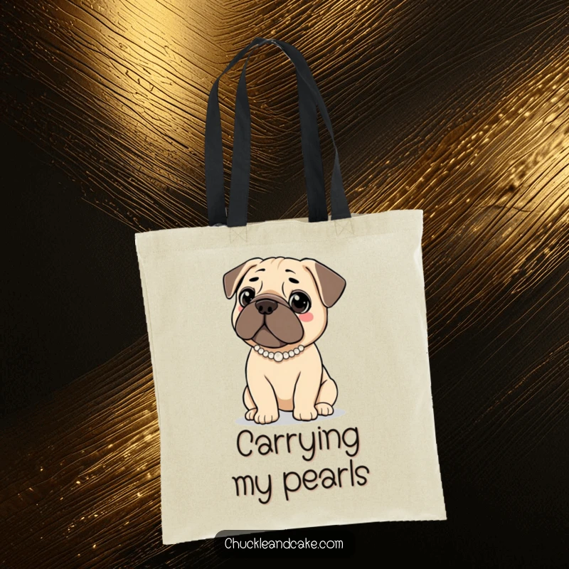 Funny tote bag with a Bullmastiff dog wearing a pearl necklace, looking elegantly poised, perfect for chic errands.