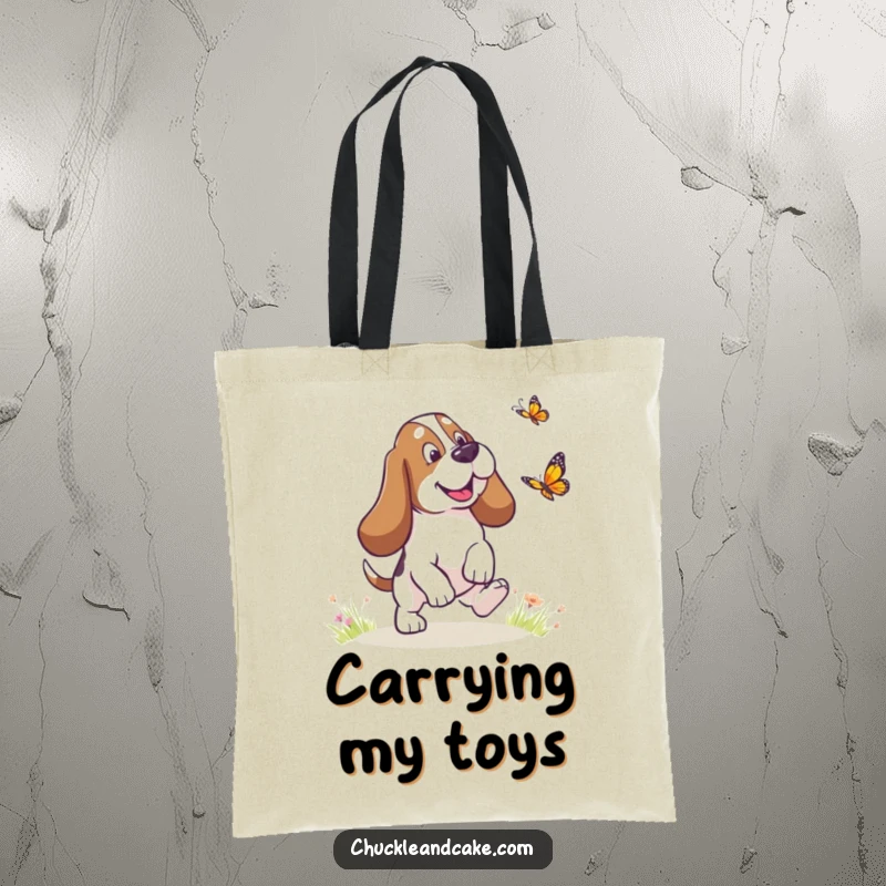 Funny Basset Hound with droopy ears chasing a butterfly, humorous dog tote bag, droopy ears design, practical and funny gift.