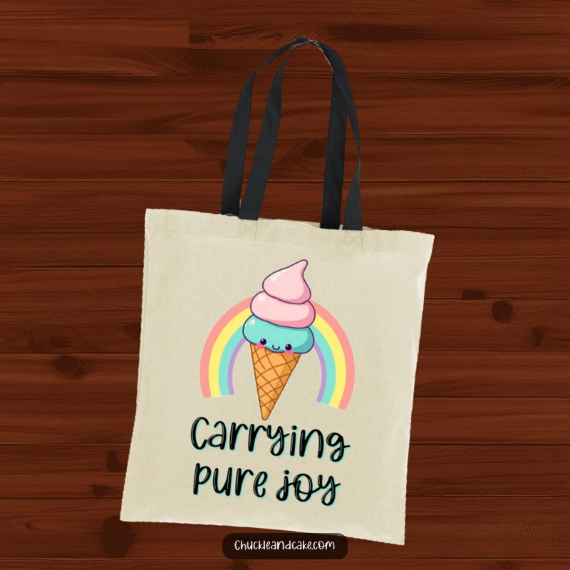 Funny Tote Bag: A cheerful ice cream cone slides down a rainbow, ready for sweet errands.
