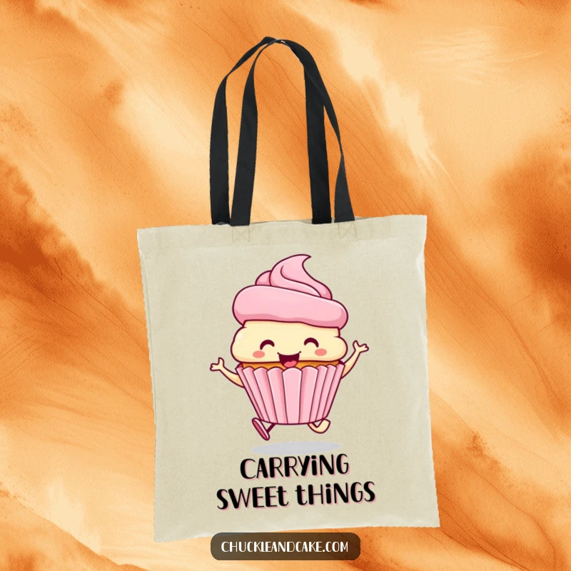 Funny tote bag with a smiling cupcake wearing a frosting hat, skipping with joy.