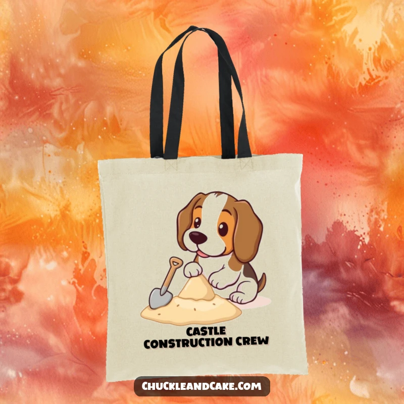 Funny Basset Hound tote bag showcasing a Basset Hound with a tiny shovel, building a sandcastle, ideal for beach trips and dog moms.