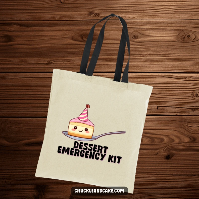 Funny tote bag featuring a smiling cake slice in a party hat, balancing on a spoon, ready to carry treats and smiles everywhere.