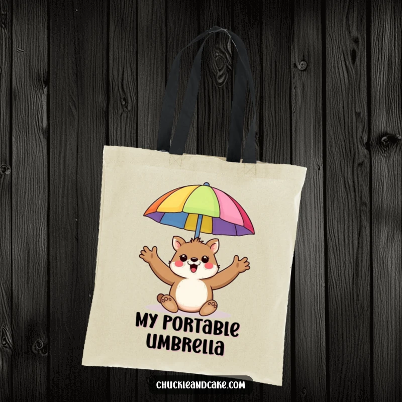 Funny tote bag featuring a happy animal enthusiastically holding up a colorful beach umbrella.