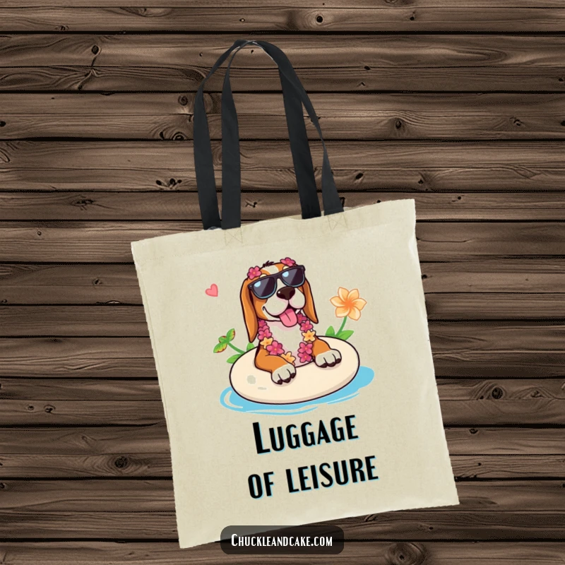 Funny Basset Hound tote bag featuring a Basset Hound on a float with sunglasses and lei, perfect for beach lovers and dog moms.