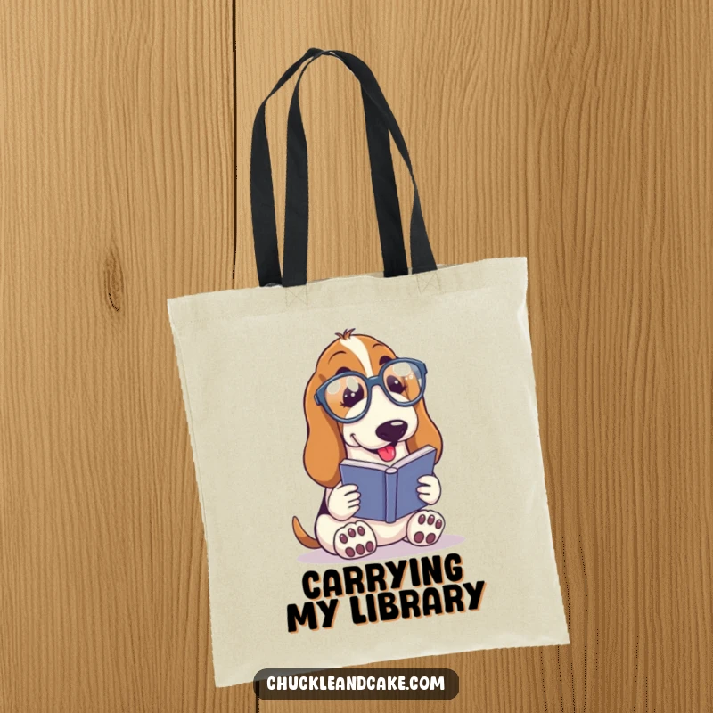 Funny Basset Hound with droopy ears wearing spectacles, reading a tiny book, intellectual dog tote bag, humorous bookworm accessory, practical funny gift.