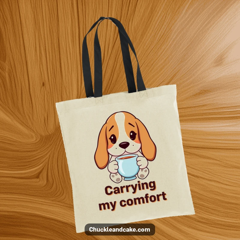 Funny Basset Hound Tote Bag with droopy ears, holding tea, perfect for carrying items with humorous charm.