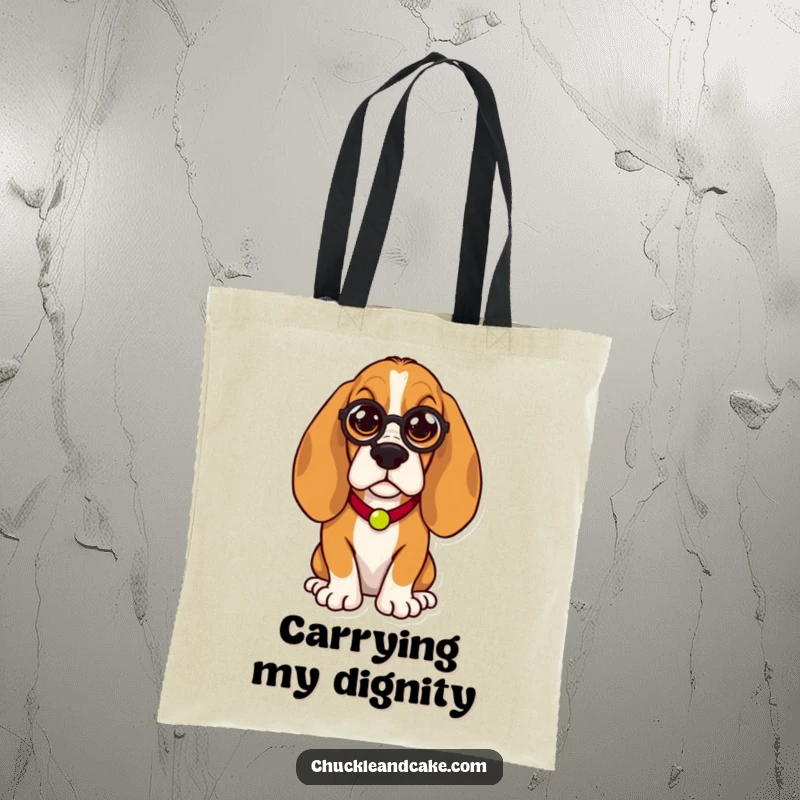 Funny Basset Hound tote bag, droopy-eared dog wearing a monocle, looking regal and humorous, a sophisticated and practical accessory.