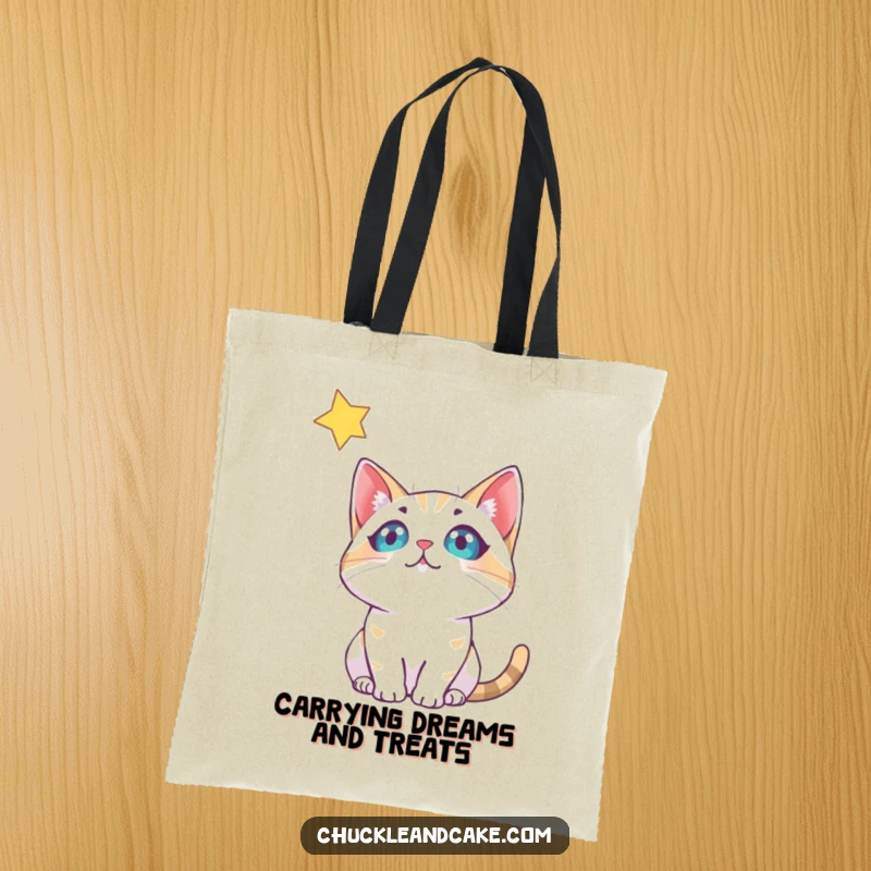 Funny Bobtail Cat Tote Bag: A curious bobtail cat looks up at a twinkling star, a perfect accessory for dreamers.