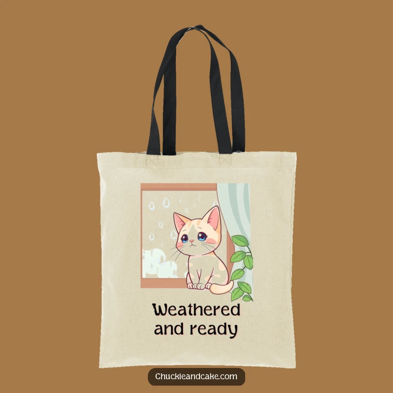 Funny Bobtail Cat Tote Bag: Rainy Day Window Gazing