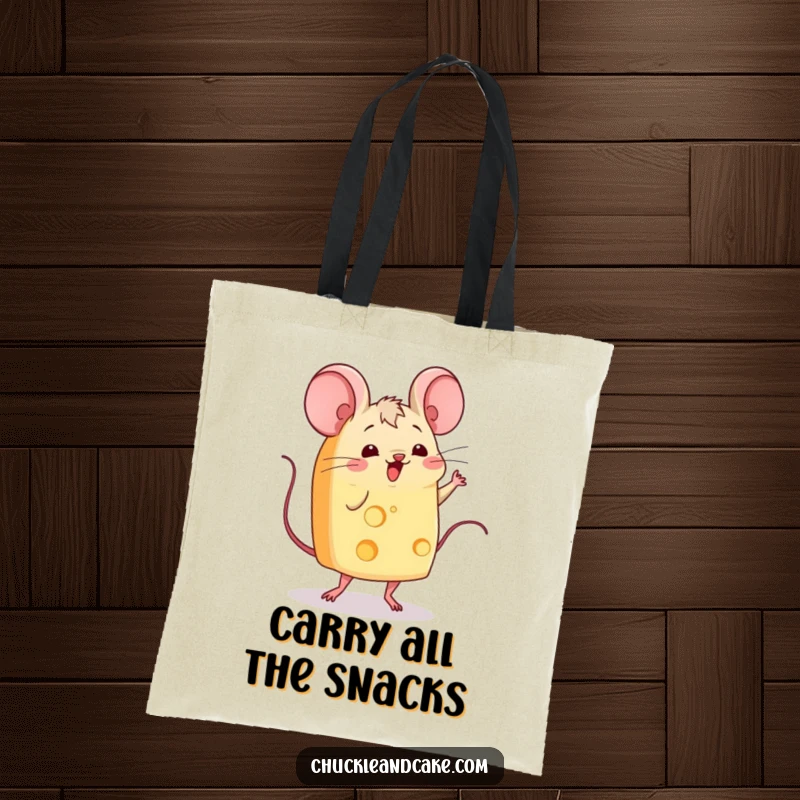 Funny slice of cheese with mice ears wiggling and doing a jig, a tote bag design featuring a dancing dairy delight.