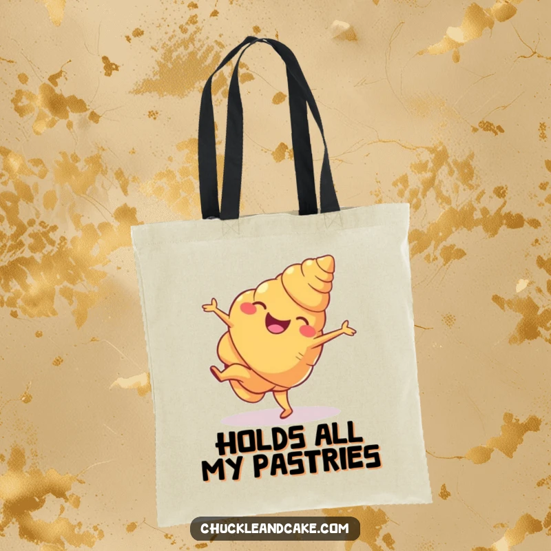 Funny croissant tote bag depicting a joyful croissant executing a dynamic cartwheel, adding a touch of playful energy to everyday tasks.