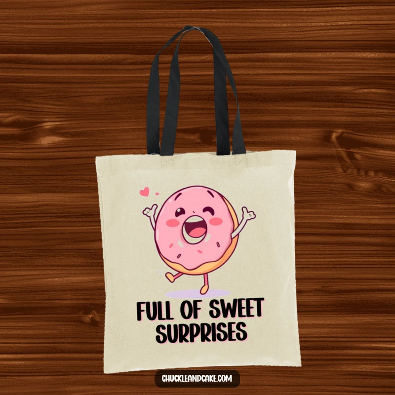 Funny tote bag featuring a happy donut character performing a silly dance, perfect for carrying daily items with flair.