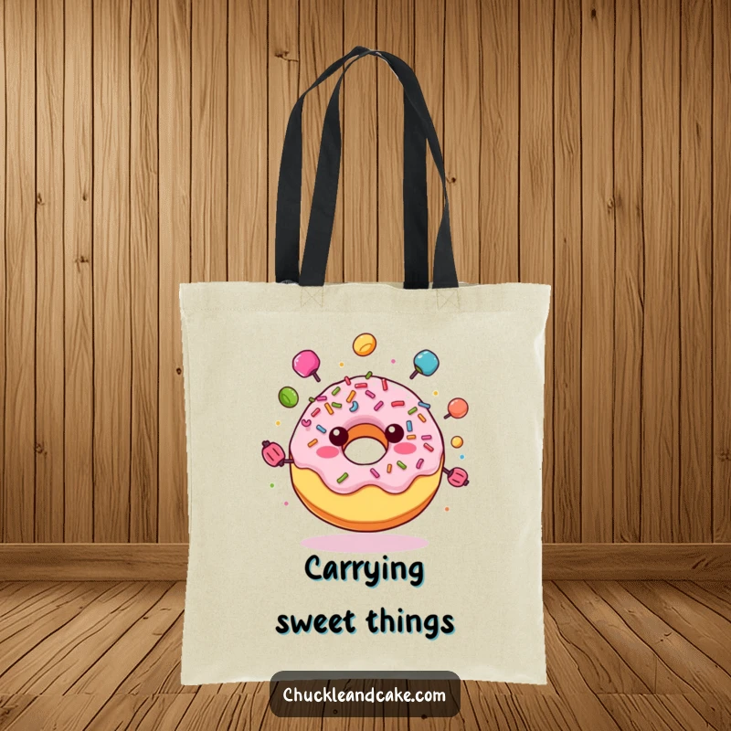 Funny tote bag depicting a joyful donut with sprinkles, juggling colorful candies, bringing a burst of sweet humor to your day.