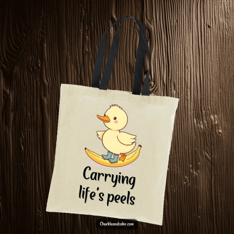 Funny waddling duck in boots, slipping on a banana peel, humorous tote bag.