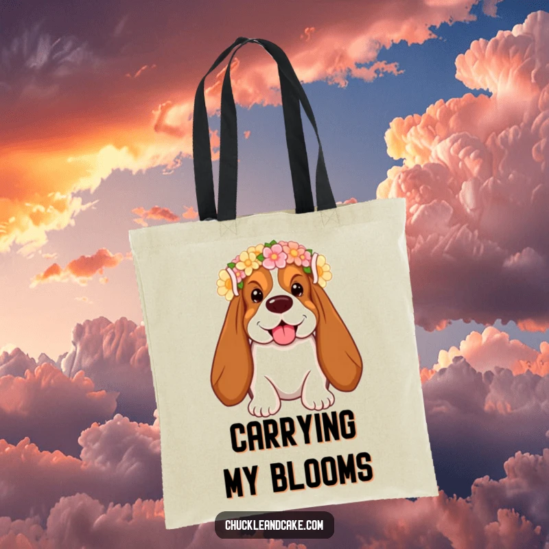 Funny Basset Hound Tote Bag with droopy ears, wearing a flower crown, smiling, perfect for carrying items humorously.