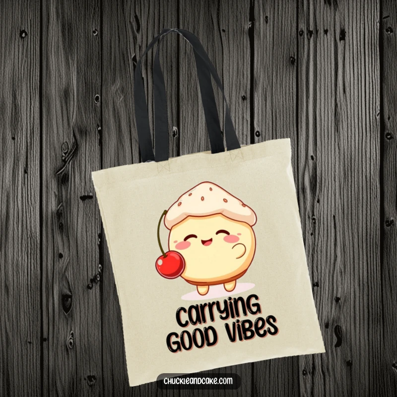 Funny tote bag showing a giggling, plump muffin with rosy cheeks bouncing a cherry, perfect for carrying treats and smiles.