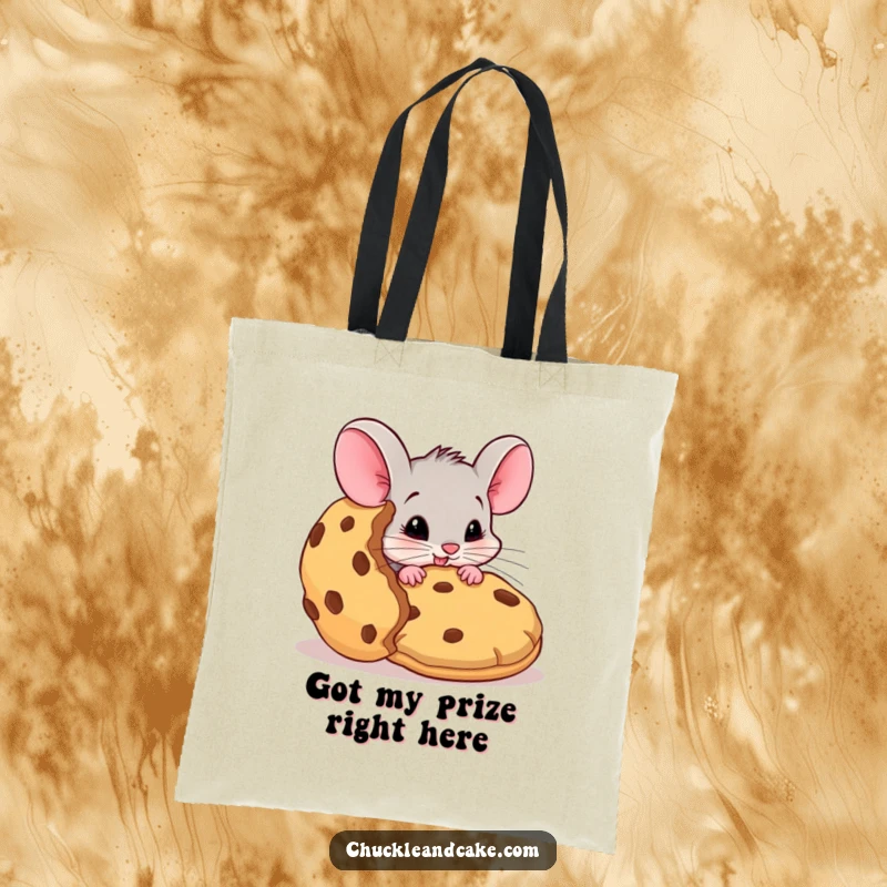 Funny mouse tote bag, durable canvas with a mischievous mouse stealing a big cookie, practical and humorous accessory, cute animal design, great funny gift.