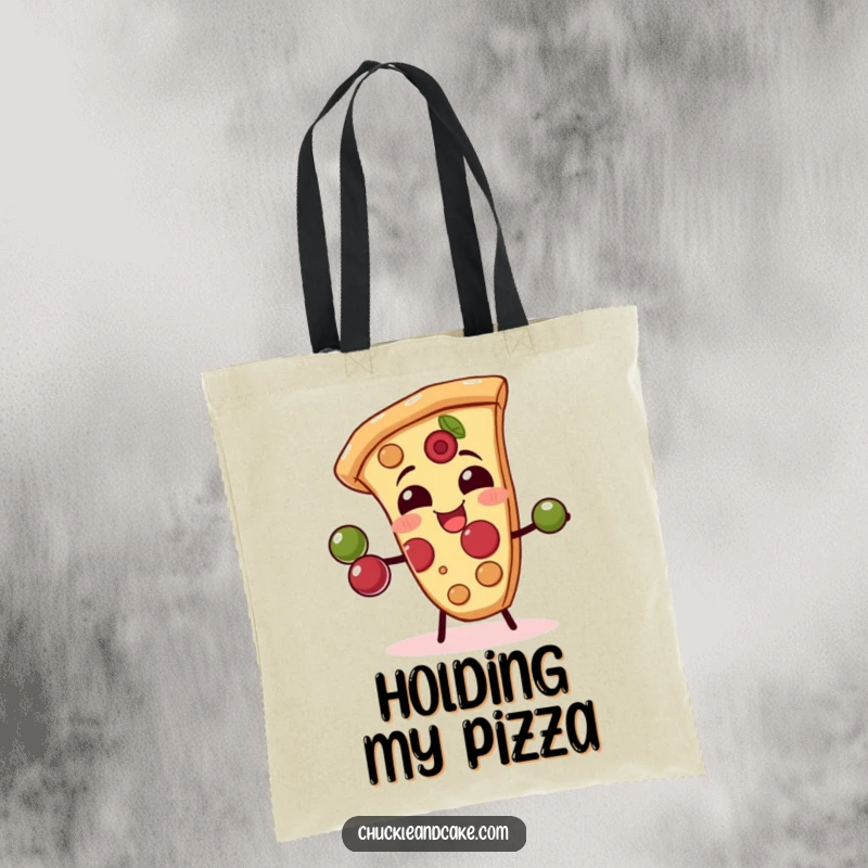 Funny tote bag featuring a giggling pizza slice juggling olives, an ideal accessory for pizza lovers and humor enthusiasts.
