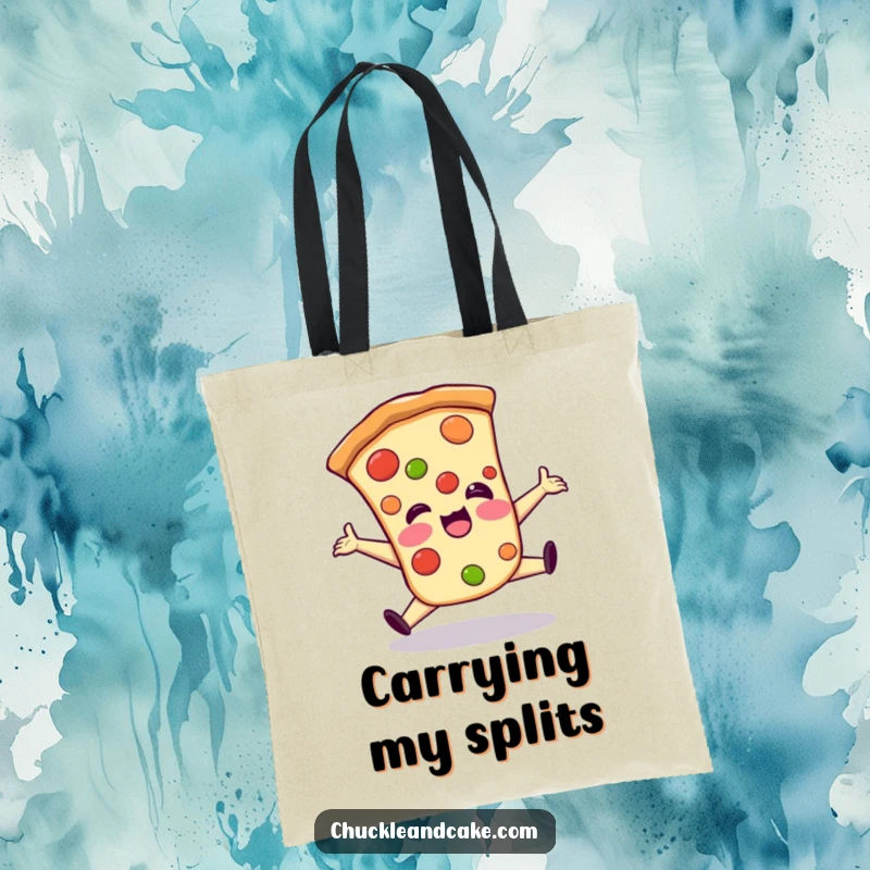 Funny tote bag depicting a giggling pizza slice performing a clumsy split, bringing a burst of cheesy humor to your day.