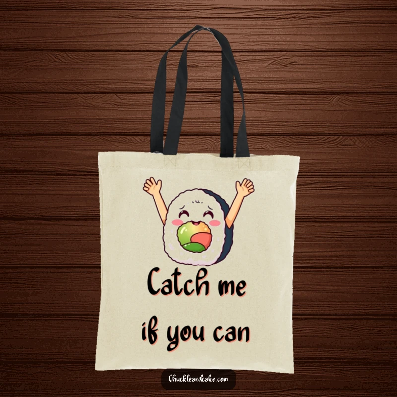 Funny tote bag featuring a delighted sushi roll with arms raised, embodying a spirit of celebration and joy.