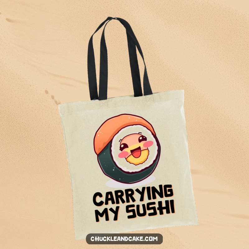 Funny tote bag featuring a beaming sushi roll spinning happily, perfect for carrying essentials with joyful humor.