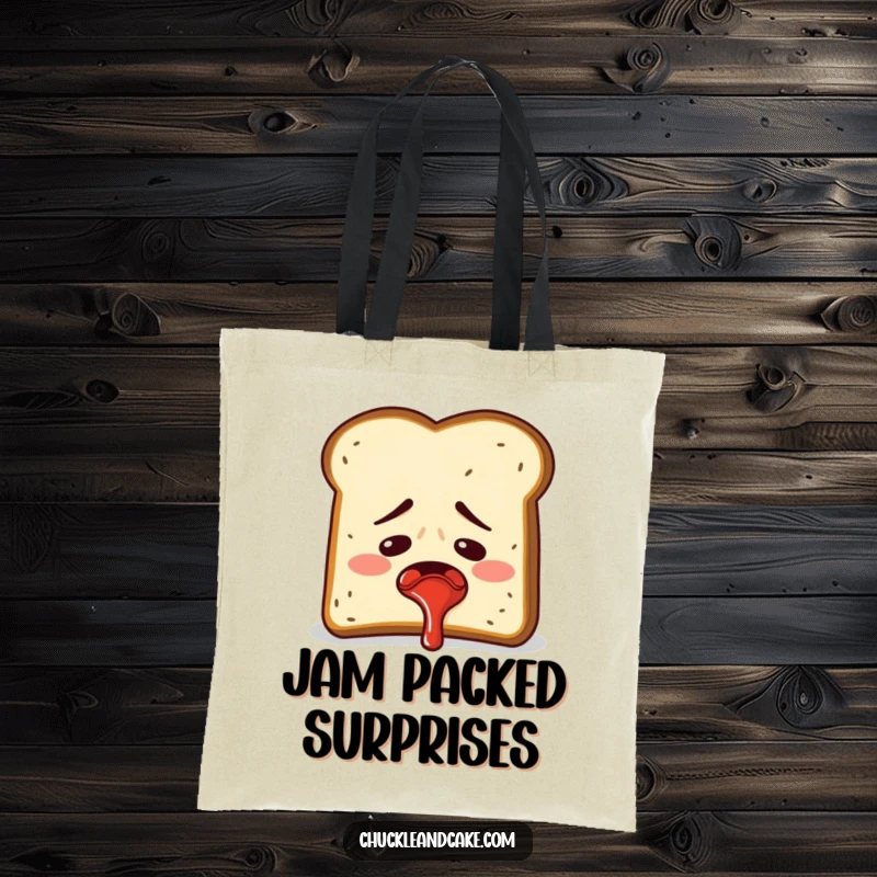 Funny embarrassed toast accidentally spraying jam, a messy and humorous tote bag.