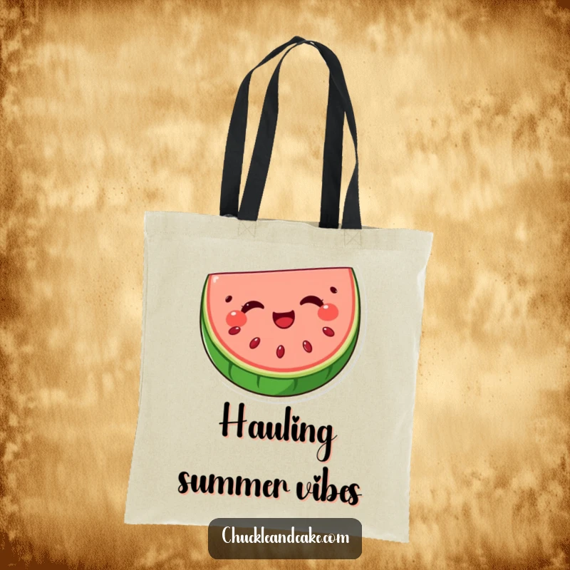 Funny watermelon slice tote bag with seeds winking, a cute and practical accessory for carrying items with a cheerful dose of humor.