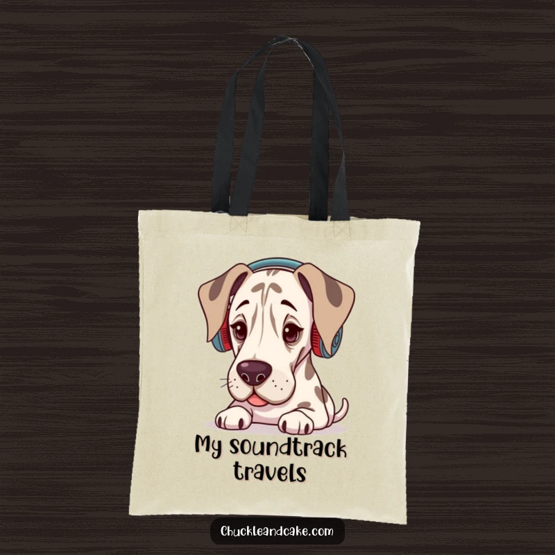 Funny Grand Dane tote bag with a dog wearing ear warmers, seemingly listening to music with a relaxed expression.