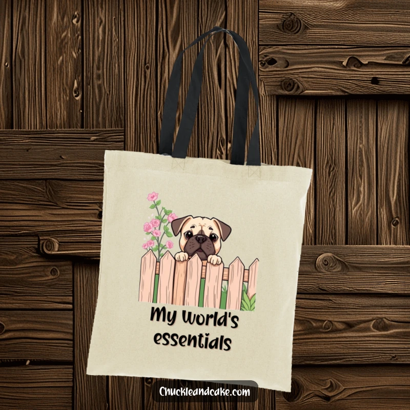 Funny Bullmastiff tote bag featuring a curious dog peeking over a garden fence, perfect for carrying items with humor.