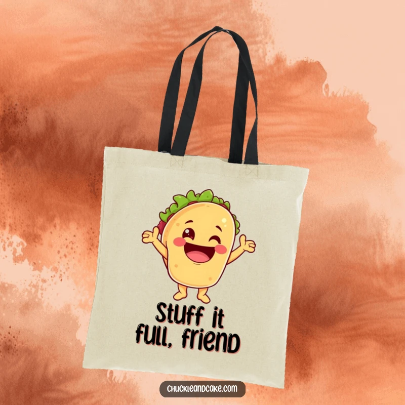 Funny tote bag featuring a taco character cheering with a huge grin, perfect for carrying daily items with zest.