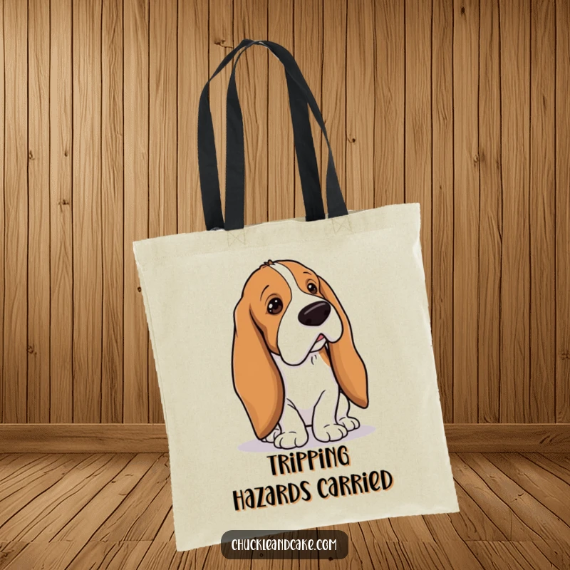 Funny Basset Hound with droopy ears tripping over its own long ears, clumsy dog tote bag, droopy ears design, practical funny gift.